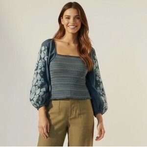 Anthropologie Smocked Embroidered Floral Sleeve Top Boho SZ M